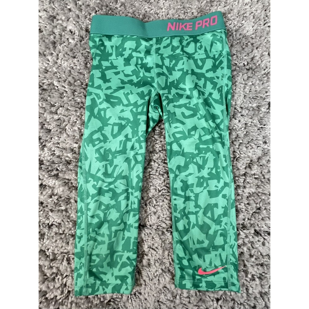 Nike Pro Girls Green Athletic Leggings Size Medium M Cropped 641642-347